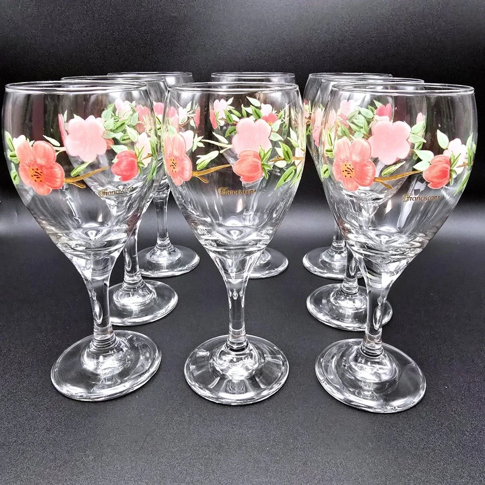 Franciscan Desert Rose Wine Goblets Set of 8 Pink Floral Stemmed Water Glasses